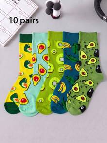 1/5/10 Pairs Men's Mid-Calf Socks, Funny Green Avocado Cartoon Unisex Sports Style Long Socks, Crazy Happy Socks - Multicolor - View 18