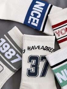 1/5 Pairs Unisex Letter & Number Pattern Mid-Calf Socks, Fashionable Breathable Comfortable Sports Socks, Moisture-Wicking, Suitable For Daily Wear, Sports, All Seasons - Multicolor - View 3