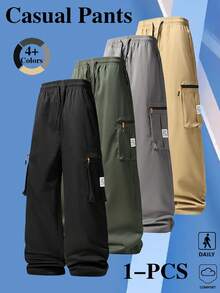 Men's Multi-Pocket Cargo Wide Leg Pants, Elastic Waist Drawstring Draped Casual Long Pants - Black - View 3