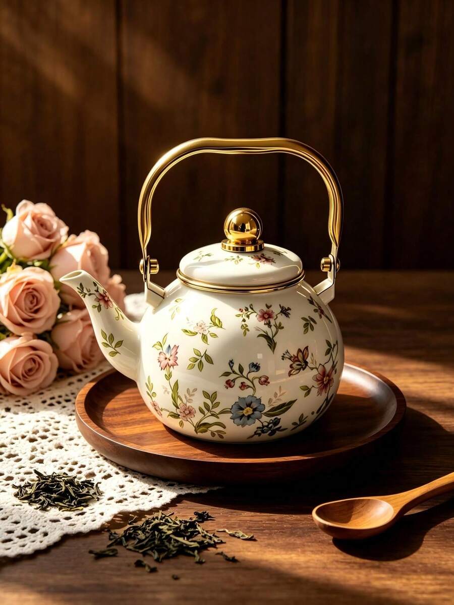 1pc Multi-Functional Enamel Kettle With Filter, Suitable For Various Beverages, Retro Style Floral Pattern, Scald-Proof Ceramic Handle, Gold/Silver Rim Decor, Extra Large Tea Pot For Home Kitchen And Outdoor, Ideal Housewarming Or Wedding Gift, Rust-Resistant And Easy To Clean Enamel Coating - Multicolor Kettle - View 1