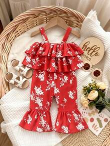 MYVLNA 1 pieza Mono sin mangas con volantes y estampado floral rojo dulce para niñas bebé, nuevo diseño de primavera/verano - Rojo - Ver 2
