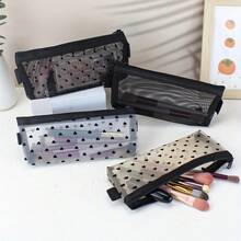 1 Stück schwarzes Herz-Muster Großkapazität Federmäppchen, minimalistische Mode Mesh-Herz kleine Tasche Aufbewahrungstasche Make-up Pinsel Lippenstift Stiftetasche - Liebe - Übersicht 4