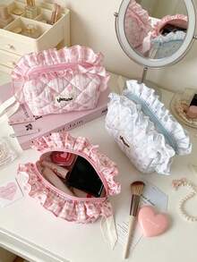 Cute Strawberry Flower Quilted Makeup Bag With Lotus Leaf Edge Zipper Makeup Bag Large Capacity Travel Toilet Bag Multi Functional Storage Bag Pen Bag - Multicolor - View 5