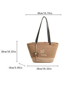 Borsa tote in paglia da donna, ricamo di alberi di cocco con ciondolo di perline, borsa a spalla casual estiva da spiaggia - Cachi - Visualizzare 9