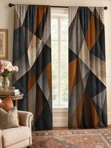 2pcs Vintage Abstract Textured Geometric Print Decorative Curtains, Rod Pocket Design, Easy Installation And Removable, Polyester Material, Suitable For Living Room, Bedroom And Modern Home Decor. - Multicolor - View 8