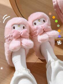 MY MELODY Women's Winter Plush Slippers, Bow Cartoon Fluffy Lining Casual Shoes, Suitable For Winter Wear - Pink - View 9