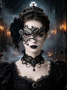 1pc Black Lace Masquerade Mask With Rhinestone Tassel, Gothic Venetian Eye Mask, Halloween Carnival Wedding Evening Party Women's Costume Accessory - Black - View 1