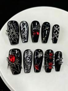Halloween Black Silver Magic Mirror Red Diamond Spider Gothic Press-On Nails, 10pcs, Gothic Subculture, Y2K Millennium Girl, Halloween Look, Street Punk, Dark Lolita, Band Performance, Dark Style Photography. Includes 1 Jelly Glue Sheet And 1 Nail File - Black - View 1
