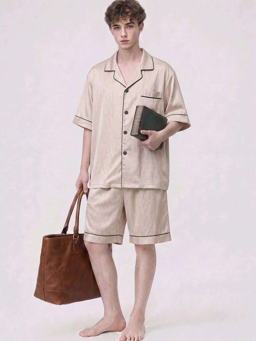 2pcs/Set Men's Summer Short Sleeve & Shorts Satin Pajamas, Casual Comfortable Loungewear Set With Lapel Collar, Fashionable Home Wear Suitable For Going Out - Champagne - View 1