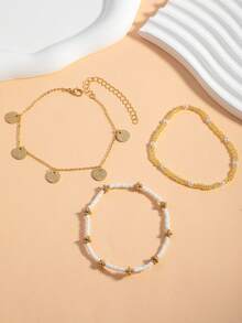 3pcs/Set Children Simple Kids Gold-Tone Circular Pendant Tassel Beaded Anklet For Suitable For Daily Wear And Vacation - Multicolor - View 3