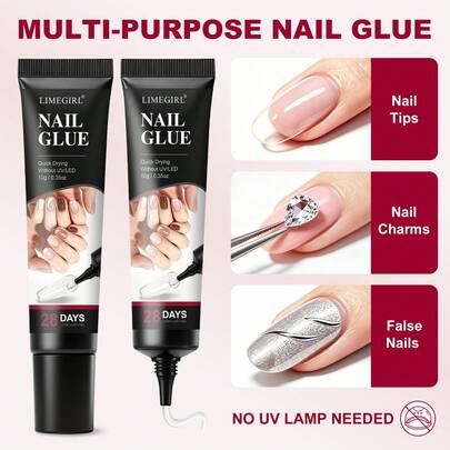 LIMEGIRL Quick Dry Nail Glue, Strong Adhesion, Suitable For Nail Tips, Nail Patches, Fake Nails, Rhinestones And Nail Art Decorations, No UV Lamp Required