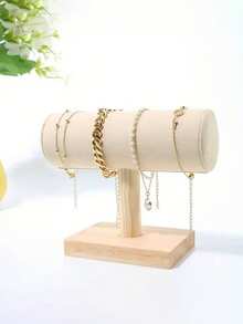 1pc Bracelet Display Stand - 10cm Wide Square Solid Wood Base (Stable & Non-Wobbling), Ultra-Fine Fiber Cloth Surface (Soft & Non-Slip, Can Hold Multiple Bracelets), Suitable For Home Jewelry Storage Decoration, Vanity Accessories - Beige - View 5