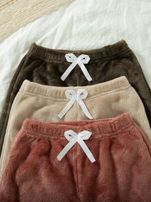 3pcs/Set Girls' Casual Daily Outing Fashion Solid Color Fleece Lined Thick Straight Leg Long Pants, Autumn/Winter - Multicolor - View 3