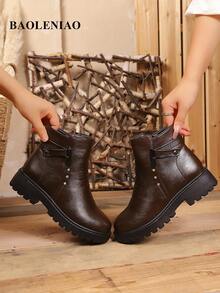 Women's Fashion Boots Solid Color Commute Elegant Side Zipper Ankle Boots Holiday Office Autumn/Winter Thermal Lined Warm Anti-Slip Thick Sole Comfortable Ankle Boots - Brown - View 4