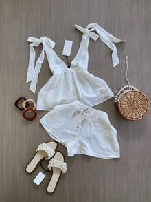 Conjunto de moda para mujer primavera/verano, conjunto de camisola y shorts para vacaciones.Negro elegante - Blanco - Ver 3
