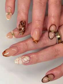 24pcs Y2K Short Oval Leopard & Brown French Tip Acrylic Press-On Nails, Gold Pearl Design, Perfect Fit Fake Nail Set, Includes 1pc Jelly Glue And 1pc Nail File, Suitable For Women And Girls Daily And Party Use - Multicolor - View 1