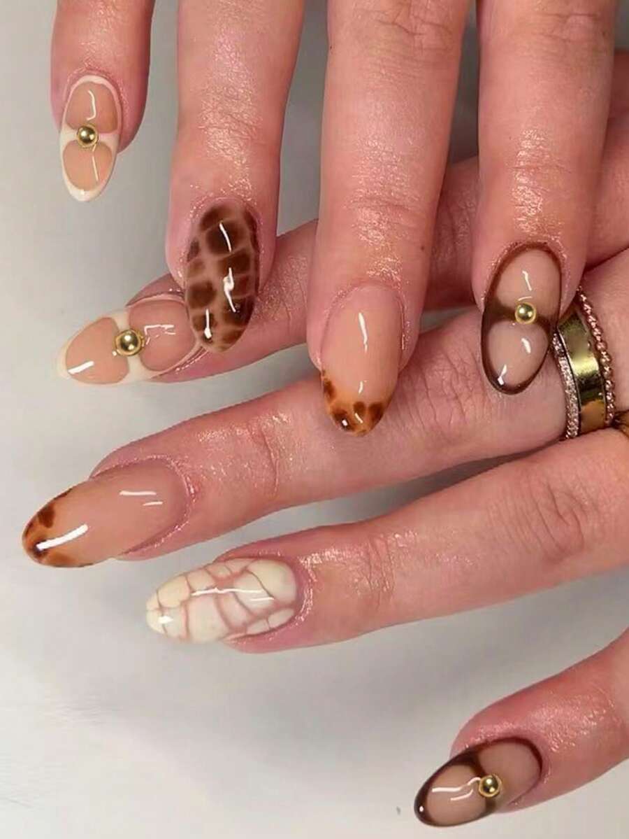 24pcs Y2K Short Oval Leopard & Brown French Tip Acrylic Press-On Nails, Gold Pearl Design, Perfect Fit Fake Nail Set, Includes 1pc Jelly Glue And 1pc Nail File, Suitable For Women And Girls Daily And Party Use - Multicolor - View 1