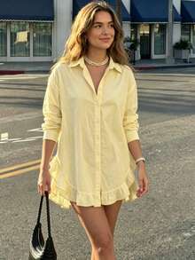 Women's Fashion Yellow Long Sleeve Shirt, Decorated With Ruffle Trim And Ruffle Hem, Woven Fabric, Cropped Design - Yellow - View 9