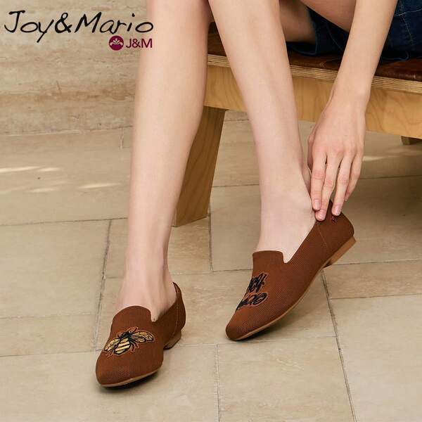 joy&mario Mocassins Slip-On Femininos com Bico Quadrado em Malha Tricotada, Bordado Assimétrico Único de Abelha & Letra, Bordado Criativo de Padrão Duplo, Cabedal de Malha Elástica Respirável, Sola Fina Antiderrapante, Adequado para Ir ao Trabalho, Encontros, Campus, Viagens, Casual, Sapatos Despojados para Todas as Estações - J&M