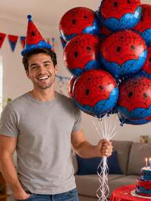 10pcs Red & Blue Mesh Round Aluminum Foil Party Balloons, Halloween Theme Decoration, Birthday, Wedding Party, Gathering Gift Balloons - Spider Sphere - View 5