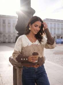 Sweater Rajut Wanita Lengan Panjang Kasual Motif Blok Warna Patchwork Leher V untuk Perjalanan Sehari-hari di Musim Gugur/Dingin - Coffee Brown - View 3