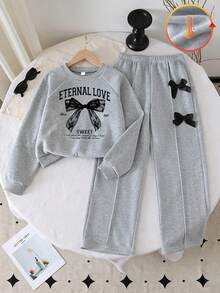 Girls' Bow Print Round Neck Long Sleeve Top And Wide Leg Pants, With Bow Decoration, Autumn/Winter - Grey - View 1