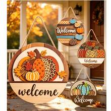 Múltiples Estilos Colgantes de Madera para Puerta de Otoño, Placas Redondas Colgantes de Calabaza & Hoja de Arce, Decoración de Pared y Valla para Interiores & Exteriores - Multicolor - Ver 1