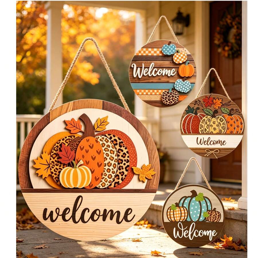 Múltiples Estilos Colgantes de Madera para Puerta de Otoño, Placas Redondas Colgantes de Calabaza & Hoja de Arce, Decoración de Pared y Valla para Interiores & Exteriores - Multicolor - Ver 1