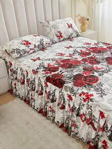 3pcs (1 Bed Skirt, 2 Pillowcases) Floral, Botanical, Striped, Plaid Pattern Printed Ruffle Bed Skirt Full Coverage Dust Cover With Skirt Hem And Pillowcases, Soft And Breathable Bedding Set With Ruffle Skirt Hem And Elastic Band, Bohemian Style Soft Skin-Friendly Bedding Set Suitable For Bedroom Use, 3-Piece Set Pleated Bed Skirt With 2 Pillowcases Bedding Set, Can Be Used For Sleeping Naked, Skin-Friendly, Sweat-Absorbent, Moisture-Proof - Peony In Bloom - View 6