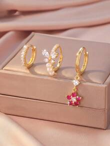 3pcs/Set Vintage Rhinestone Plain Hoop Butterfly Pearl Red Zirconia Flower Mixed Earring Set Suitable For Women Spring Date Commute Wear - Earring Set - View 6