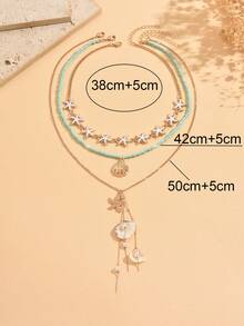 3pcs/Set Beach Vacation Style Ocean Triple Layer Necklace, Fashionable Light Green Seed Bead Starfish Shell Tassel Faux Pearl Decor Gold Color Women's Neck Jewelry, Suitable For Daily Wear, Summer Vacation, Date, Party, Music Festival, Seed Bead Size And Quantity Are Random And Not Fixed - Multicolor - View 4