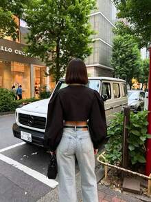 Women Fall Fashion Elegant Casual Black Button Front Long Sleeve Cropped Top For Office Going Out Vacation - Black - View 4