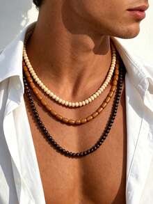 1pc Bohemian Style Wooden Beaded Necklace, Suitable For Vacation And Party Wear, Ideal Gift For Family And Friends, Men's Multi-Layer Necklace - Multi-layer Beaded Necklace - View 3