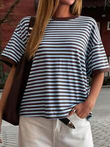 GLAMSKIN Women's Summer/Autumn Basic Striped Round Neck Loose Short Sleeve T-Shirt, Solid Color Minimalist Casual Top, Suitable For Back To School, Outings, Streetwear, Work Commute - Blue and Brown Stripes - View 9