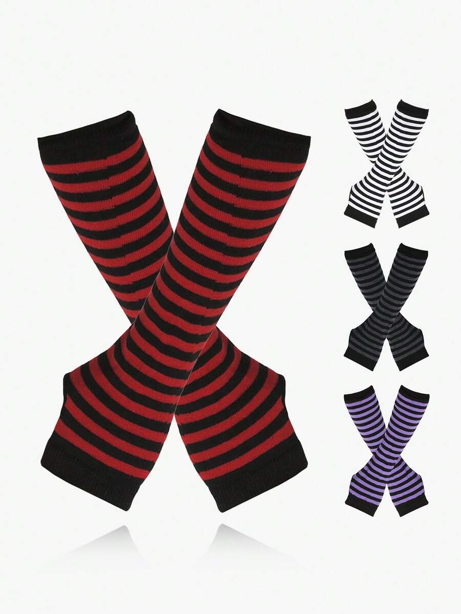 1Pair/2Pairs/4Pairs Striped Fingerless Arm Warmers, Punk Elastic Knit ...