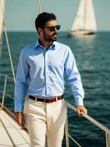 Men's Solid Color Long Sleeve Single-Breasted Casual Dress Shirt - Blue - View 4