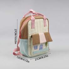 Personalized Quilted Mini Backpack With Embroidered House Design, Color Block Small Backpack, Lightweight Casual Bag With Adjustable Straps For Daily - Multicolor - View 3