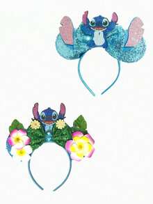 Disney 迪士尼可愛史迪奇亮片髮箍，飾有雞蛋花葉與刺繡蝴蝶結；時尚卡通角色耳朵髮箍；閃亮吸睛髮飾，適合化裝舞會、Cosplay、主題樂園參訪及其他場合 - 款式隨機 - 查看 1