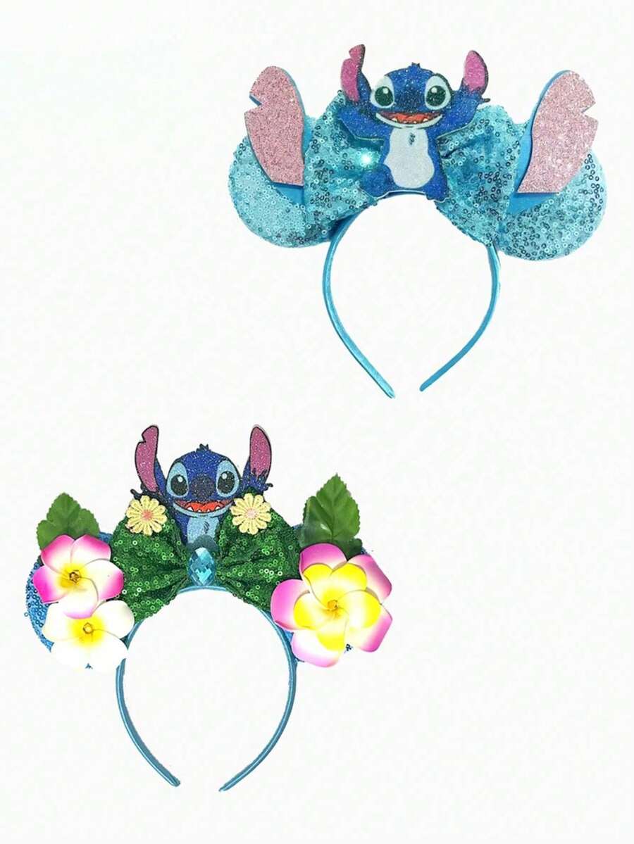 Disney 迪士尼可愛史迪奇亮片髮箍,飾有雞蛋花葉與刺繡蝴蝶結;時尚卡通角色耳朵髮箍;閃亮吸睛髮飾,適合化裝舞會、Cosplay、主題樂園參訪及其他場合 - 款式隨機 - 查看 1