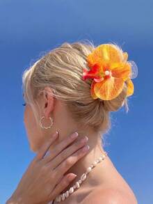 Fermaglio per capelli con orchidea tropicale arancione grande, accessorio estivo da spiaggia realistico e oversize, fermaglio per capelli stile bohémien con orchidea Phalaenopsis per donne - Arancione - Visualizzare 13