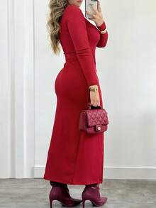 Elegant Casual Solid Color Knit Fabric Slit Dress For Daily Wear In Autumn/Winter Red - Red - View 3