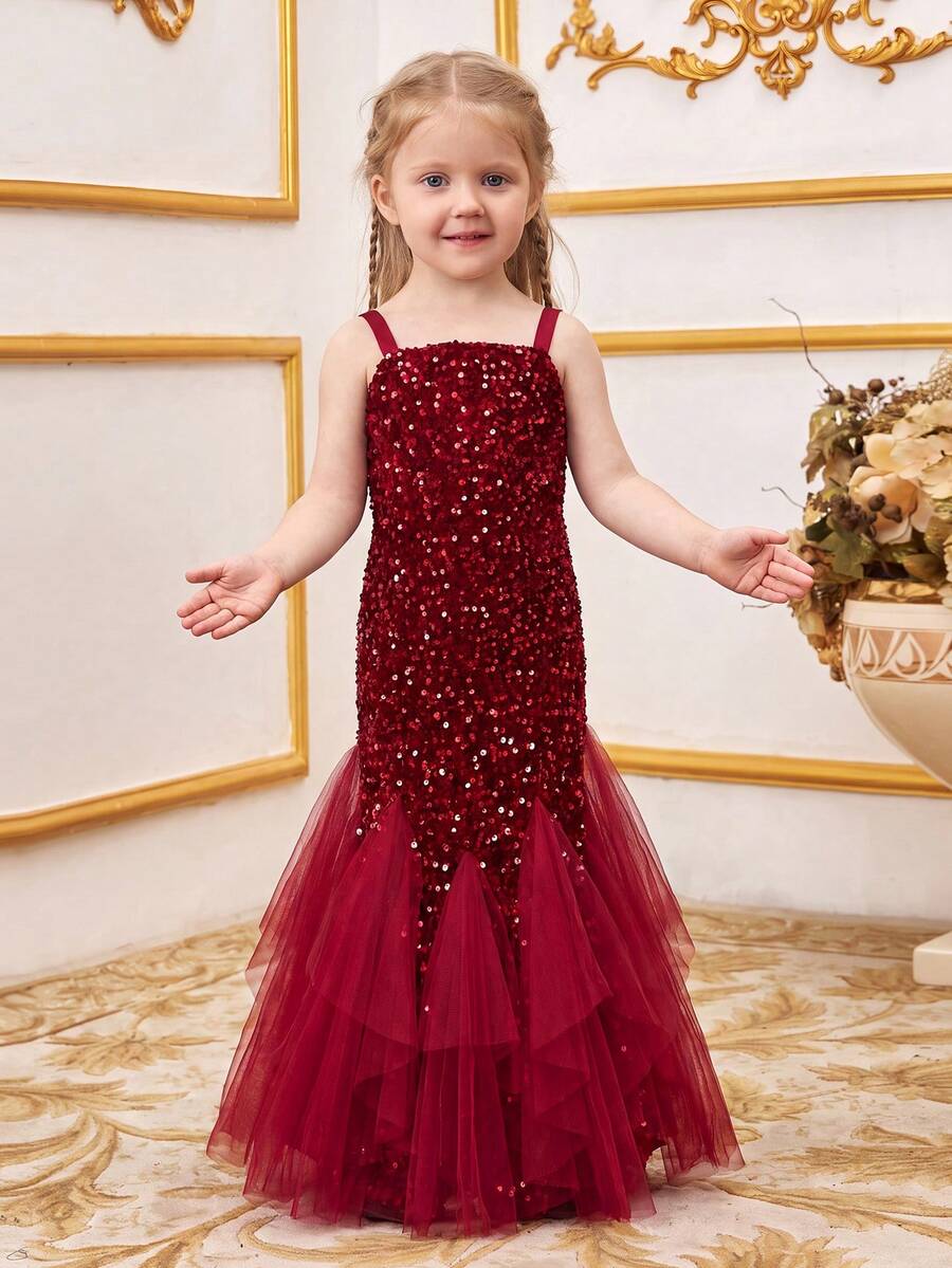 ALISA&LEO Girls' Spaghetti Strap Backless Sequin Mermaid Dress With Tulle Trim, Elegant Silhouette, Suitable For Photos, Formal Events, Weddings And Beauty Pageants