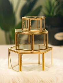 1pc Luxury Hexagonal Glass Jewelry Display Box - Decorative Storage Box For Organizing - Brass Frame, Wedding Gift, Ring, Bracelet, Earring Holder, Mother's Day, Spring Home Room Decor, Jewelry Collector Fashion Storage Box, Sun Travel Cool Back To School - Multicolor - View 5