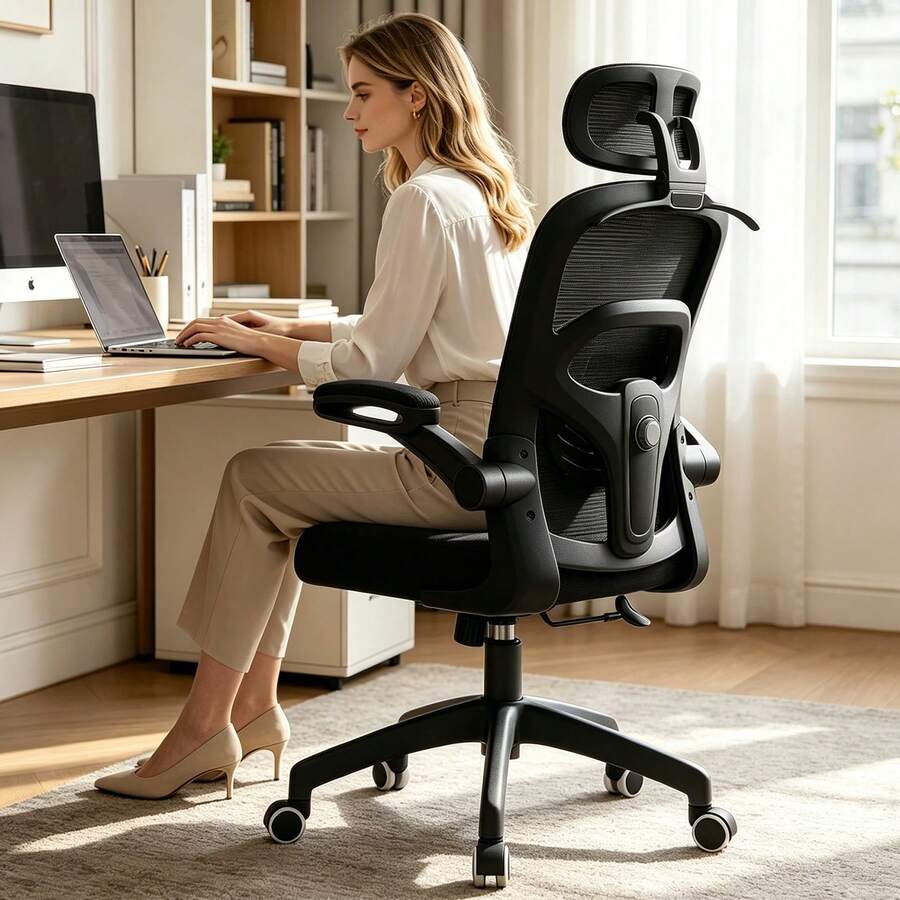 Ergonomic Office Chair & Height Adjustable Desk Chair Set, Swivel Mesh Desk Chair With Foldable Armrest, Adjustable Headrest & Lumbar Support For Home Office - Black - View 1