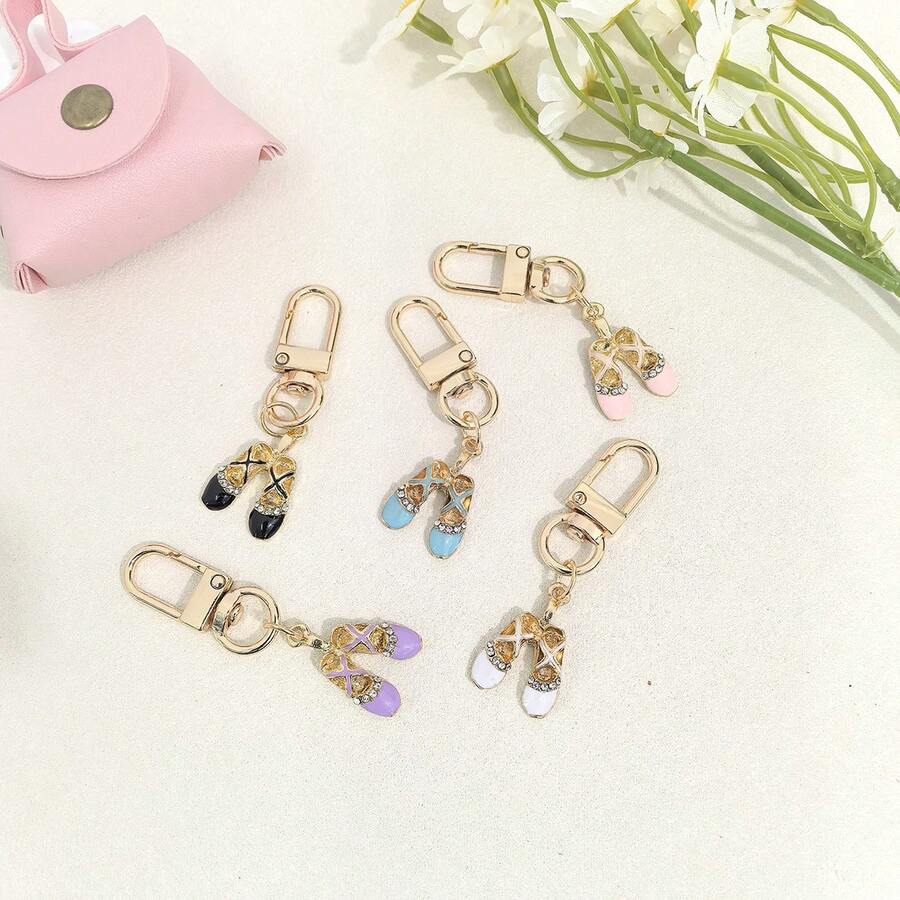 5pcs Minimalist Ballet Shoes Pendant With Rhinestone Decor, Lipstick Bag Accessory, Cute Car Key Chain Keychain - Multicolor - View 1