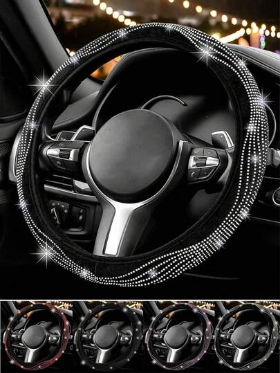 1 pieza Funda de volante brillante, Funda de volante con cristales de strass para mujeres, Protector de volante de coche universal de 14-15 pulgadas, Base antideslizante, Poliéster duradero, Accesorio cómodo para el interior del coche, Sin anillo interior
