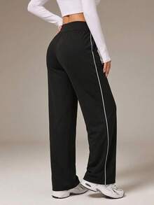Women's Spring/Summer High Waist Drawstring Wide Leg Sports Pants With Pockets, Elastic Butt-Lifting Yoga Fitness Training Long Pants Black Fall - Black - View 2