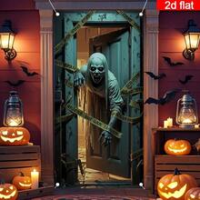1 pieza Pancarta de puerta de casa de madera rota abierta con fantasma zombi de Halloween, patrón de fantasma de pelo largo y dientes afilados, decoración de fiesta de Halloween, cortina de puerta para interiores y exteriores, víspera de Todos los Santos, celebración festiva. - A - Ver 4