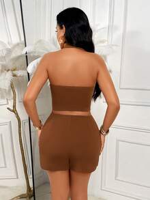 Elegant Halter Neck Ruched Button Bodycon Two Pieces Set For Women, Casual Sexy Fall Outfit With Slight Stretch Fabric - Brown - View 2