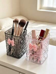 1pc Luxury Woven Texture Transparent Storage Box, Multi-Functional Stationery And Cosmetic Organizer, Decorated With Cute Bow, Space-Saving And Tidy - Pen Holder - View 6